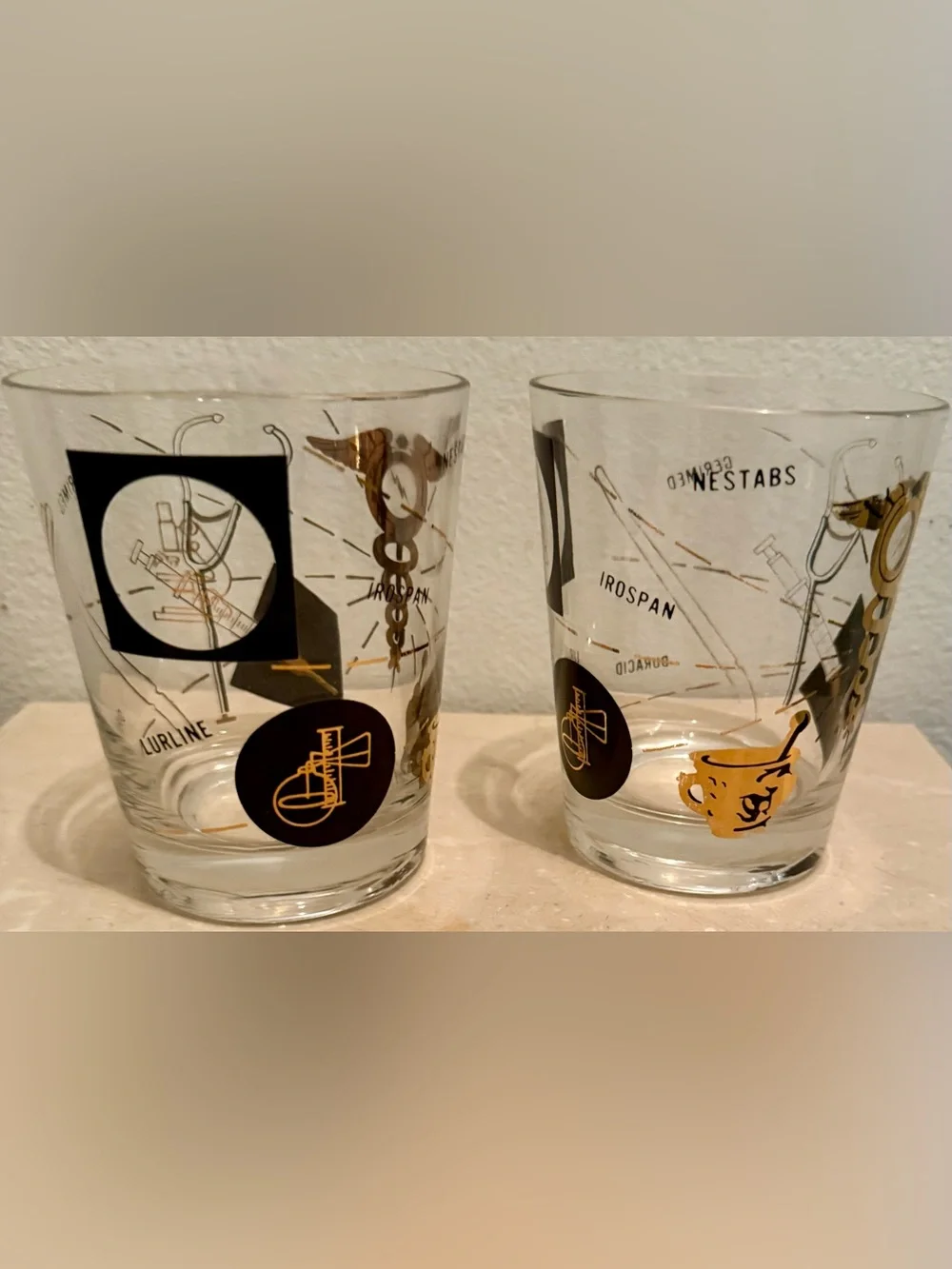 2 MCM Medical/Pharmacist Theme Rocks 16oz Glasses w/22k gold and black.